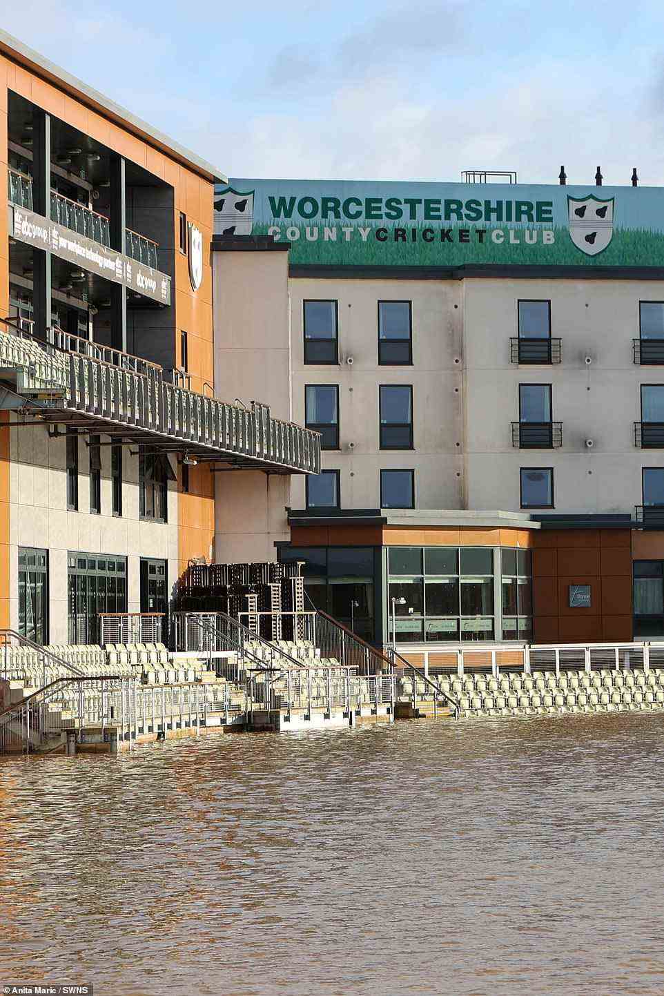 Worcester County Cricket ground is flooded today following the impact of Storm Franklin which caused chaos in Britain