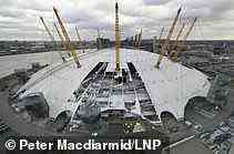 The O2's roof covering is being repaired after Storm Eunice