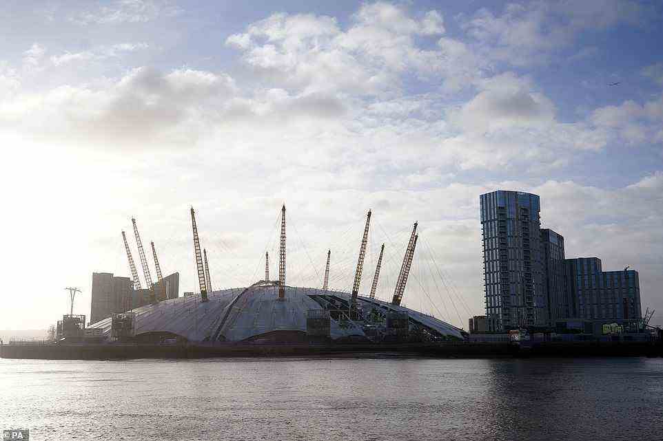 Damage to the white roof covering at The O2 in London is seen today, three days after the damage caused by Storm Eunice