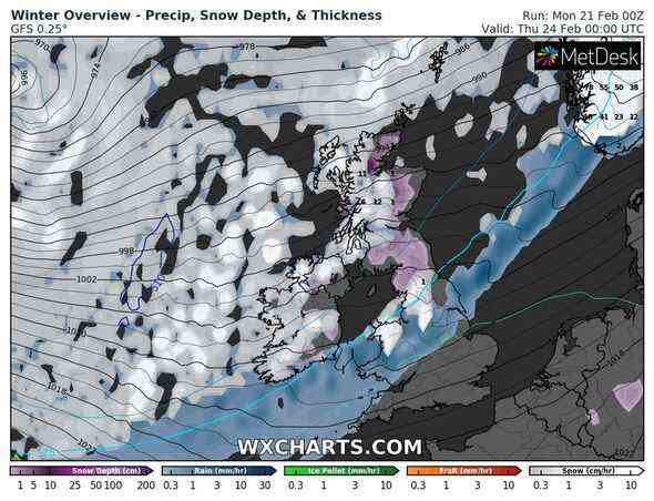 In der Nacht auf Donnerstag wird Schottlands Schnee intensiver, während ein Band über die Midlands schiebt