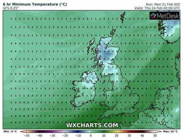 Die Temperaturen werden in Schottland über Nacht auf Donnerstag auf -3 ° C sinken, mit 0-1 ° C in den Midlands und im Norden
