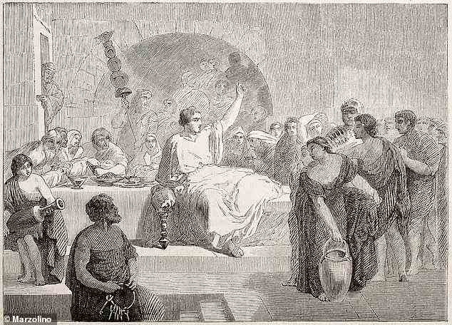 Combined, the two panels formed a large room, interpreted as a dining room, which the Romans called a triclinium. It would have contained dining couches, where people would have gazed at the beautiful flooring whilst enjoying lavish food and drink. Pictured is a sketch of a Roman feast