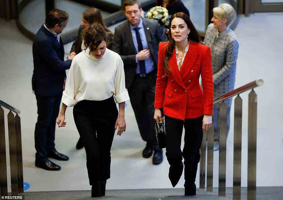 Ready for business! The future Queen sported at red jacket from H&M and sleek black trousers for the day on in Denmark
