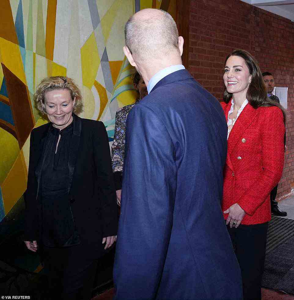 The Duchess of Cambridge appeared in excellent spirits and smiled at one of her hosts on arrival