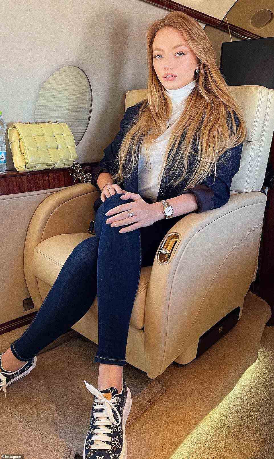 'He did not hide anything from me, it was important to him that I know everything about him from the beginning,' Konlin (pictured on a private jet in February 2021) said