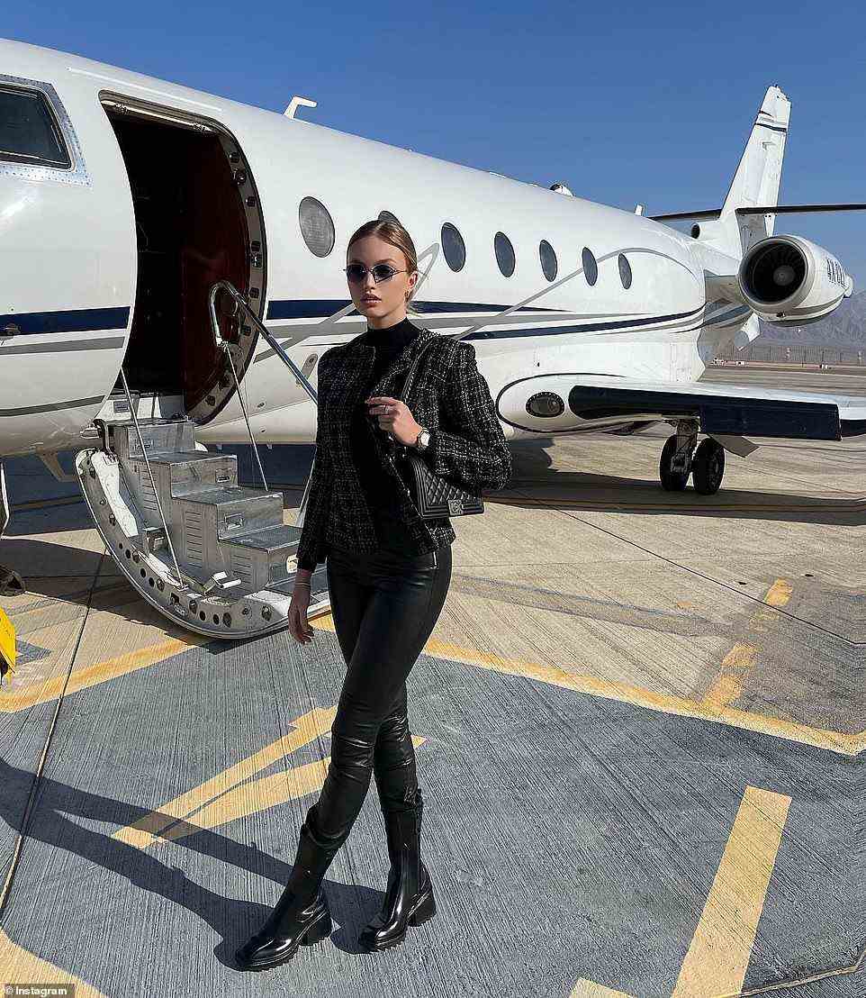 She often shares pictures of herself living a lavish lifestyle - which includes taking private jet rides, attending yacht parties, eating in luxury restaurants, and traveling the world. She is pictured getting onto a private plane in April 2021