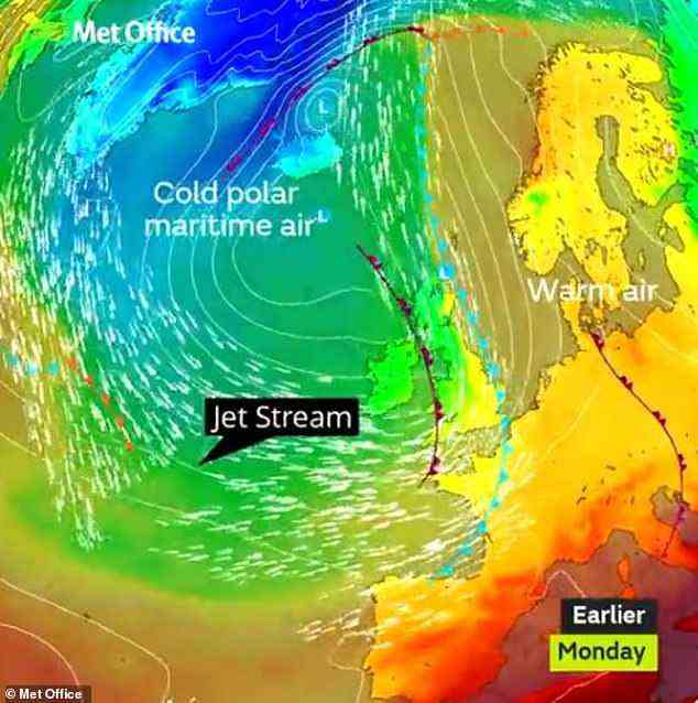 Dies zeigt den Jetstream, der kalte polare Meeresluft in warme Luft vom Kontinent drückt