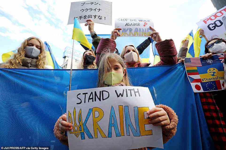Ukrainians residing in Japan protest against Russia's actions in Ukraine, during a rally near the Russian Embassy in Tokyo