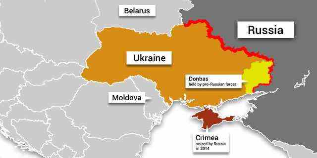 Karte mit der Ukraine, Russland, der Krim, der Donbass-Region, die von pro-russischen Kräften gehalten wird, und den Nachbarländern.  Ian Jopson, Fox Digital