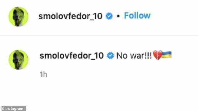 Fedor Smolov took to Instagram to write 'no war' and express support for country of Ukraine