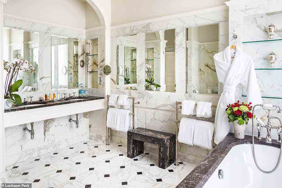 The bathroom in the Grand Master Suite at Lucknam Park. The suites come with a four-poster and views over the rose garden or some of the Palladian mansion’s 500 acres