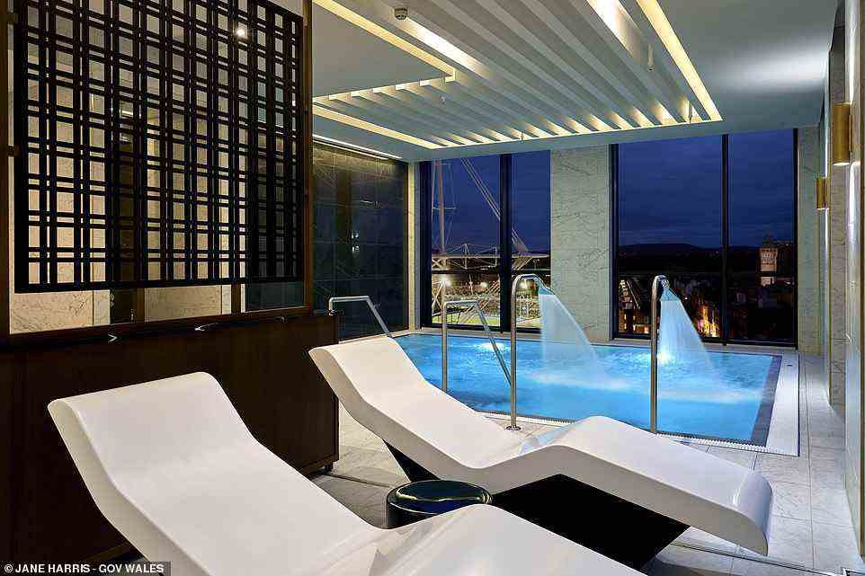 Indulge: Above is the rooftop spa at the Parkgate Hotel, which overlooks Cardiff’s skyline