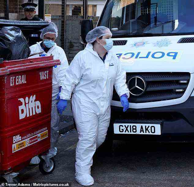 Pictured: Police investigating the death of Sabina Nessa pictured at a flat in Eastbourne