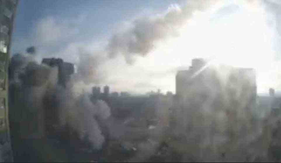 Smoke could then be seen billowing from the tower block following the devastating attack earlier this morning