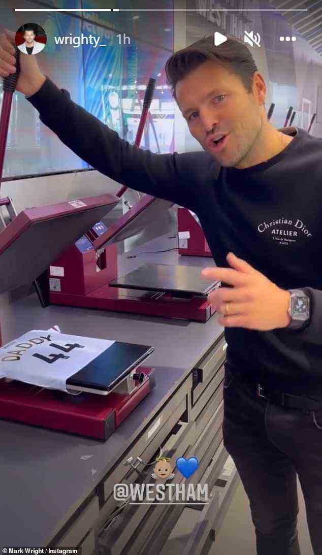 Uncle duties: The former TOWIE star even shared a clip of him getting his nephew's very first West Ham shirt football print, as he joked: 'he's gonna love me, come on you irons!'