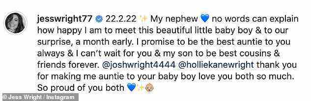 Jessica wrote: '22.2.22 (emoji) My nephew no words can explain how happy I am to meet this beautiful little baby boy & to our surprise, a month early
