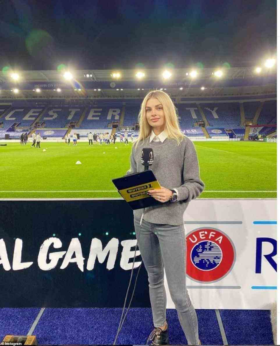 The two tied-the-knot in August, after Oleksandr proposed inside the 70,000-capacity Olympic Stadium in Kiev. They confirmed the relationship the year before when he planted a kiss on her cheek following Ukraine's 5-0 victory against Serbia. She is pictured working in Leicester