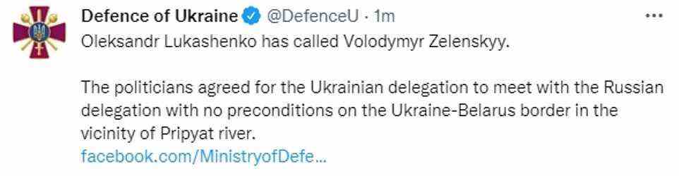 The peace talks were confirmed by Ukraine's Ministry of Defence this afternoon. The Government department said on Twitter that there would be 'no preconditions' to the talks