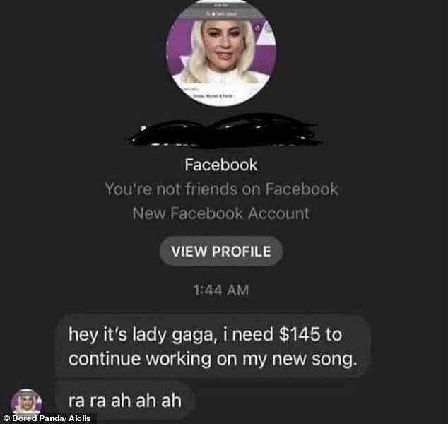 Fanfiction!  Eine Person amüsierte sich über einen Betrüger, der behauptete, die Multimillionärin Lady Gaga zu sein, die US-Dollar brauche, um weiter Musik zu machen