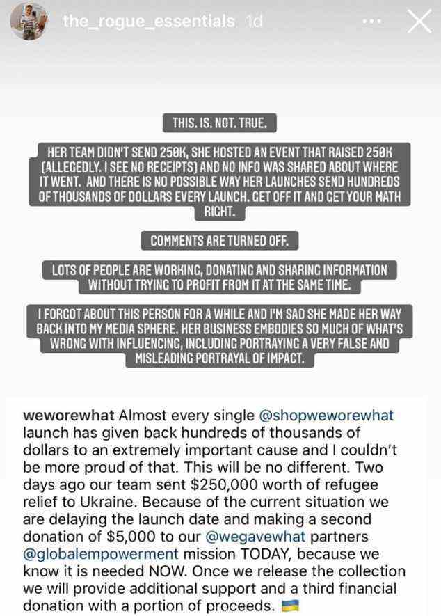 The account, which often calls out influencers and fast fashion, added that it was 'not true' for Danielle to claim her team sent $250,000 to help refugees in Ukraine as she instead hosted an event where money was raised instead