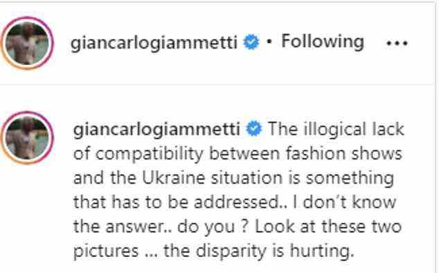 It comes as the fashion world has come under fire for their lack of support for the crisis in Ukraine, with Valentino co-founder Giancarlo Giammetti taking to Instagram to share a picture from Moschino's show at Milan Fashion Week next to a picture of a young girl looking at rubble.