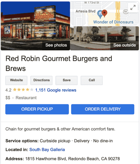 Beispiel für eine Bestellschaltfläche im Restaurant Red Robin