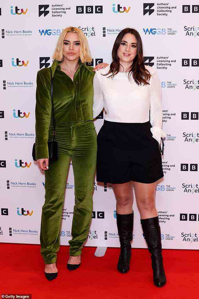 In style: Billie Piper, 39, looked stylish in an olive green trouser co-ord as she stepped out to the 29th Writers’ Guild Awards in London with I Hate Suzie co-creator Lucy Prebble on Monday