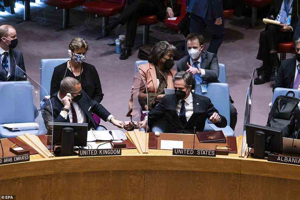 Secretary of State Antony Blinken fist bumped Britain's Europe Minister James Cleverly before he addressed the United Nations Security Council and outlined whet he said were Russia's plans to invade