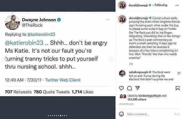 Donald Trump Jr. posted screengrabs of Dwayne 'The Rock' Johnson using transphobic language in now deleted tweets