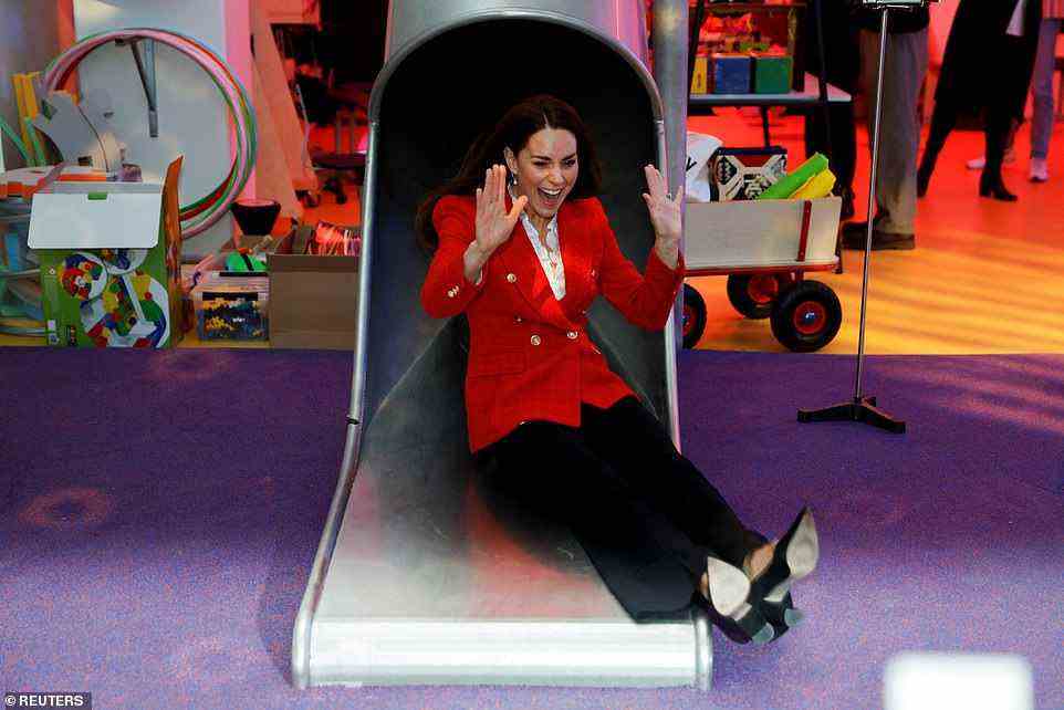 The Duchess of Cambridge , 40, opted to go down a slide instead of the stairs on a visit to the Lego Foundation Lab in the Danish capital. Kate giggled as she whizzed down the winding tube slide then shot out the bottom