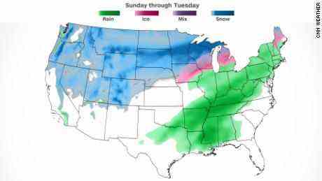 Schnee (blau), Regen (grün) und Eis (pink) haben sich in dieser Woche von Sonntag bis Dienstag in den angrenzenden USA angesammelt.