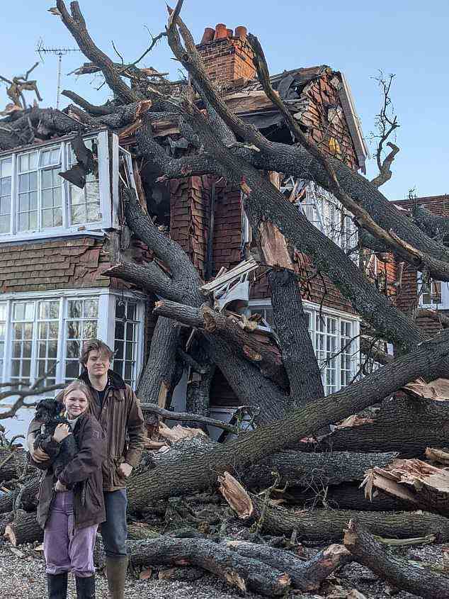 Disaster: Sven Good and girlfriend Anna Parnanen at his family home in Essex where a huge 400-year-old oak tree crashed through the roof