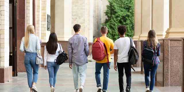 Gruppe von Studenten, die nach dem Unterricht auf dem College-Campus spazieren, Rückansicht