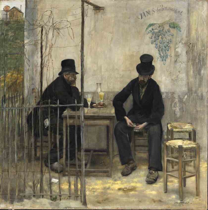 Ein Ölgemälde von zwei Männern mit Zylindern, die an einem Tisch sitzen und trinken.