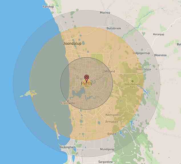 If the Satan warheads explode in a 10MT airburst over Perth (pictured), modelling predicts 505,000 fatalities instantly, with another 575,000 injured. The central yellow sphere shows the area hit by the nuclear fireball. The darker grey ring is the serious damage blast radius. The larger orange circle is the radiation burn area, while the outer ring is the lighter damage area, with blown out windows and glass maiming injuries