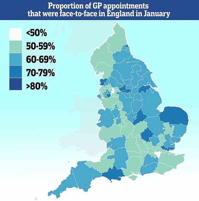 Weniger als die Hälfte aller Konsultationen in Teilen des Landes finden jetzt von Angesicht zu Angesicht statt, wobei nur 37 Prozent der Menschen in Bury ihren Arzt im Laufe des Monats persönlich aufsuchen können