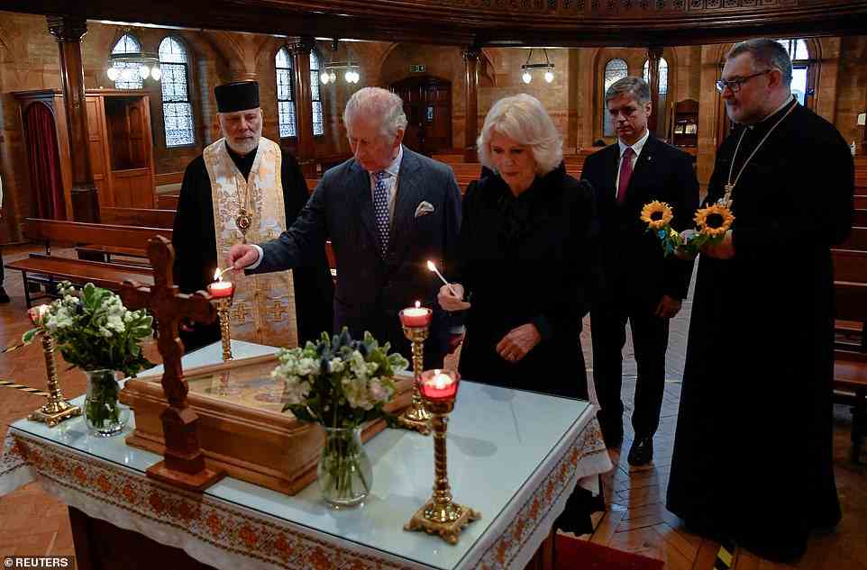 Inside the Cathedral, Their Royal Highnesses lit a candle for under attack in Bishop Kenneth Nowakowski, Ukraine's Ambassador to the UK Vadym Prystaiko, and his wife, Inna Prystaiko