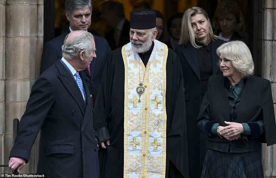 Charles and Camilla met with Bishop Kenneth Nowakowski (centre) and Vadym Prystaiko, and his wife, Inna Prystaiko (behind Charles and Camilla)