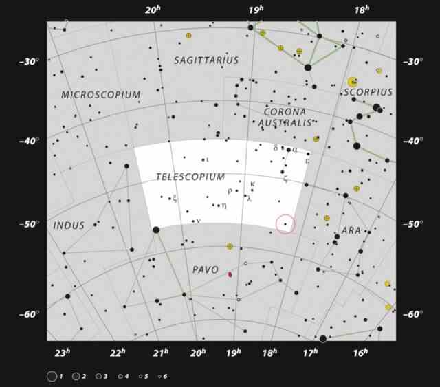 Position von HR 6819 im Sternbild Telescopium.