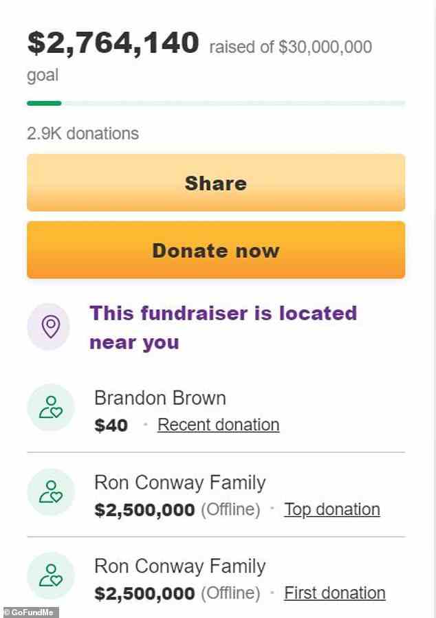 Spenden: Bis jetzt hat GoFundMe des Paares über 2.700.000 US-Dollar gesammelt, mit einer Offline-Spende der Familie Ron Conway in Höhe von 2.500.000 US-Dollar