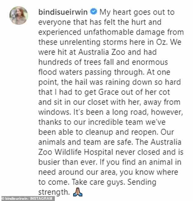 Aktualisierung ihrer Fans: Bindi sagte, dass sie zwar „aufräumen und wiedereröffnen“ konnten, es aber eine lange Reise mit „Hunderten von umgestürzten Bäumen“ und „enormen Hochwassern“ war.
