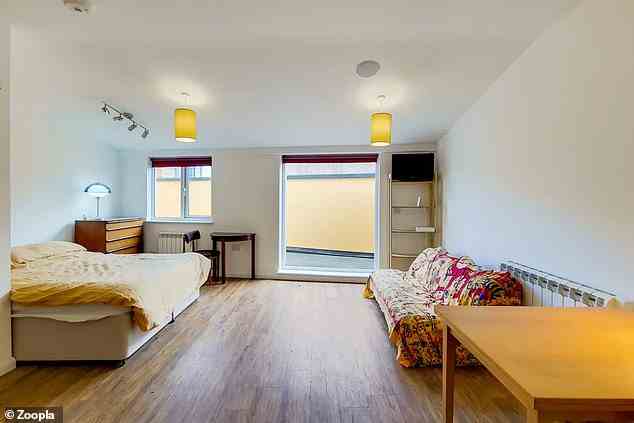 Das geräumige Studio bietet Platz für ein Doppelbett sowie ein separates Sofa und einen Essbereich