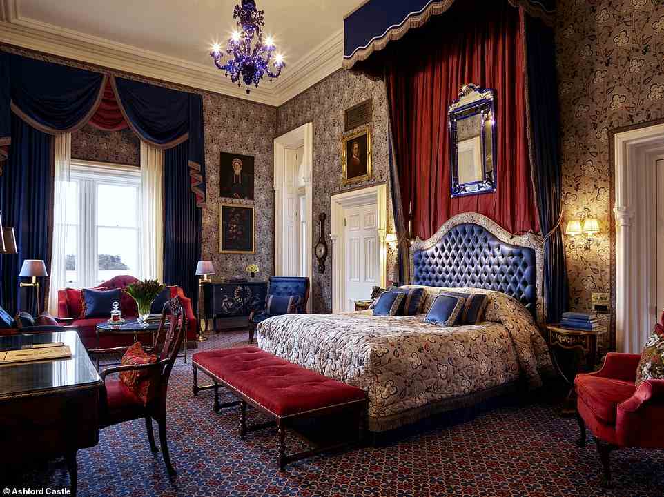 A bed and breakfast stay at Ashford Castle starts from about £480 per night. Above is a Junior Stateroom