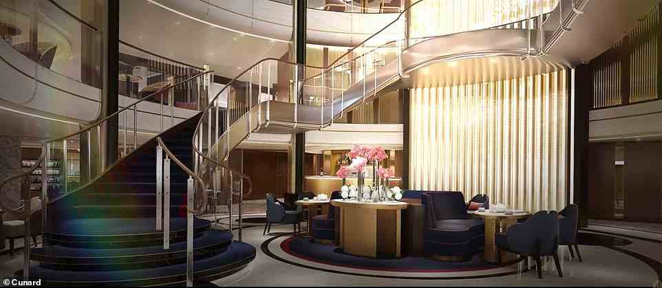Oben ist eine Anfang dieses Jahres veröffentlichte Darstellung der großen Lobby des Schiffes zu sehen, ein Raum, der dem „Goldenen Zeitalter“ des Reisens huldigt