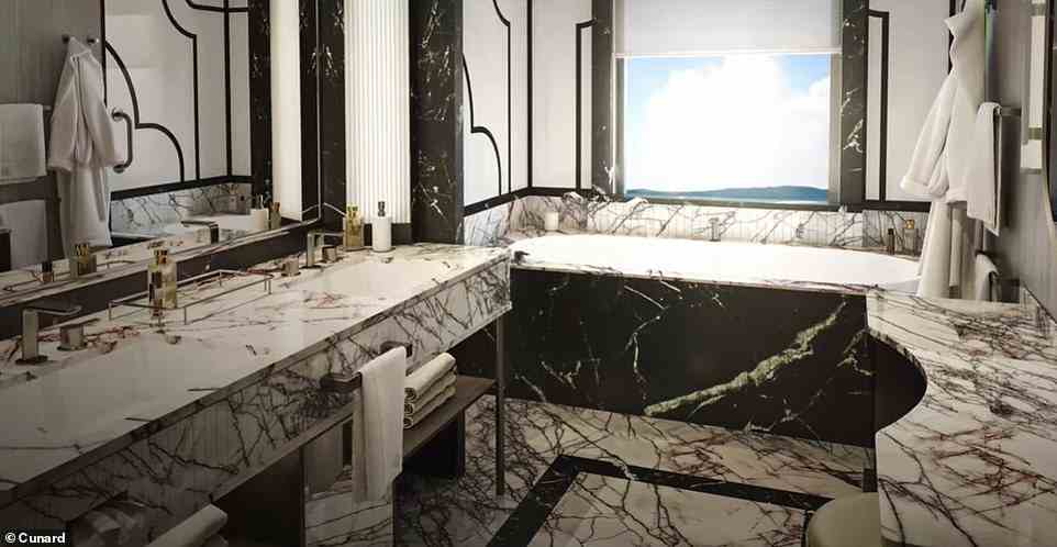 Die mit Marmor veredelten Badezimmer, die an die Grand Suiten angrenzen (in der neuen Darstellung oben gezeigt), „fühlen sich eher wie kleine private Spas an“