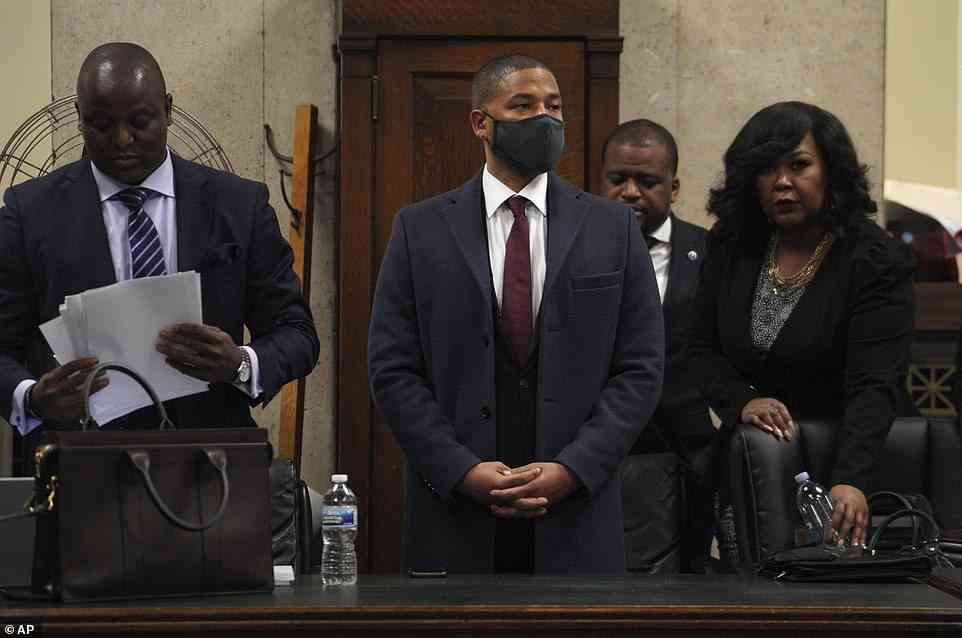 Jussie Smollett is pictured in court on Thursday to be sentenced on five counts of felony 4 disorderly conduct for lying to police. He faces three years behind bars