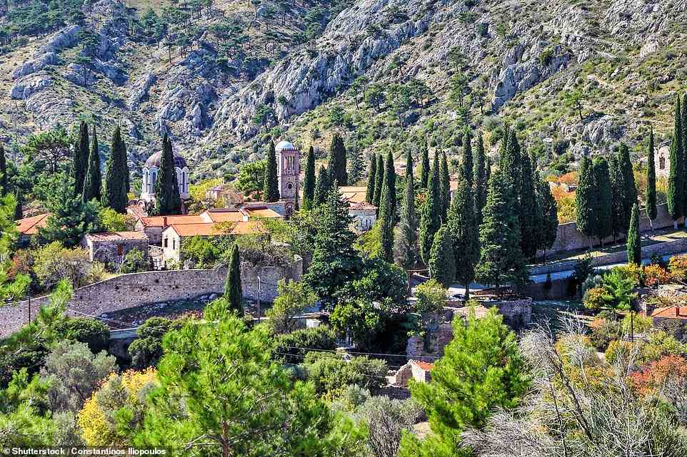 Ein Blick auf das Kloster Nea Moni aus dem 11. Jahrhundert in Chios, nahe der türkischen Küste