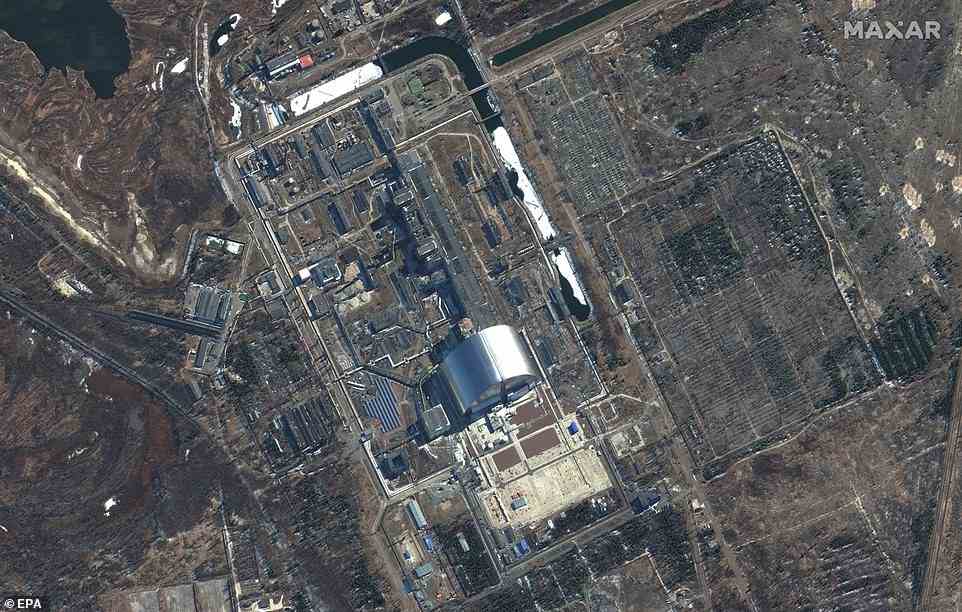 Chernobyl nuclear power plant, pictured on Thursday March 10 in a satellite image released today. The plant is currently under the control of Russian forces, who have disconnected it from international safety systems