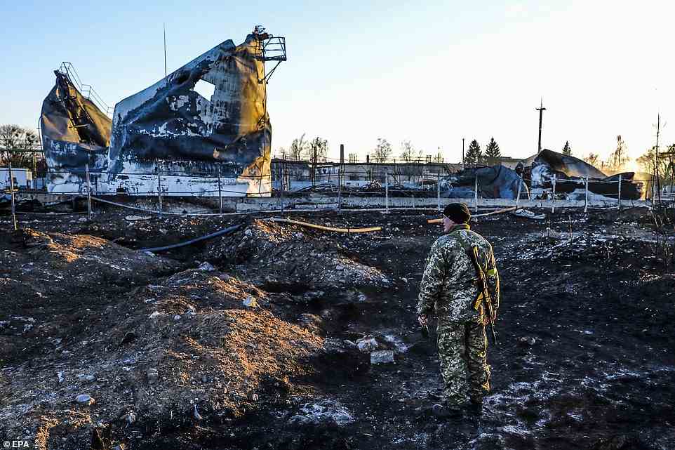 A gas station, a heating station and the main heating pipe network were damaged and destroyed after being bombed in Zhytomyr