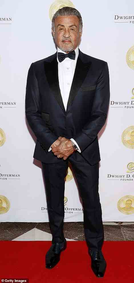 Sharp: Sylvester Stallone paired his clean look with black dress shoes and a formal bow tie in lieu of a tie